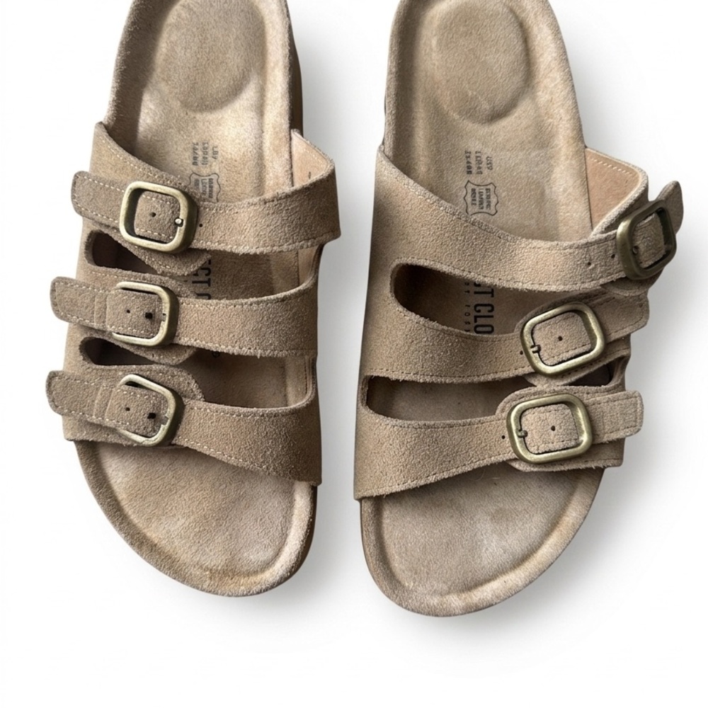 Project Cloud Leather Buckle Suede Sandals in Taupe - Size 9